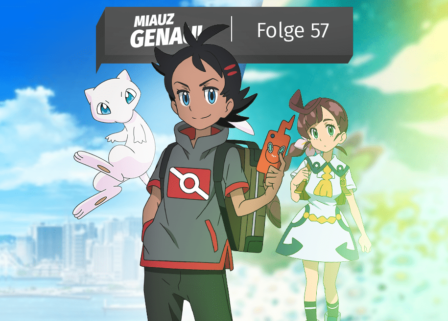 pokemon Reisen Protagonisten stehen vor einer Blumenwiese mit Pichu und der Fernansicht von Orania City. Im Hintergrund schwebt Mew