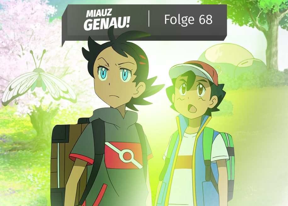 Pokémon Reisen, Episode 5 und 6. Ash und Goh stehen. Goh fängt viele Käferpokemon. In der Ferne ein Rekaxo unter einem Baum
