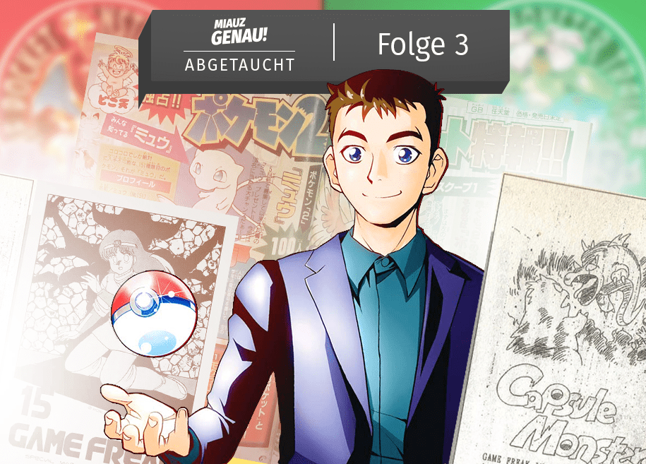 Satoshi Tajiri steht als Manga Figur inmitten von Corocoro Magazin, Game Freak Magazin und Capsule Monster Entwurf