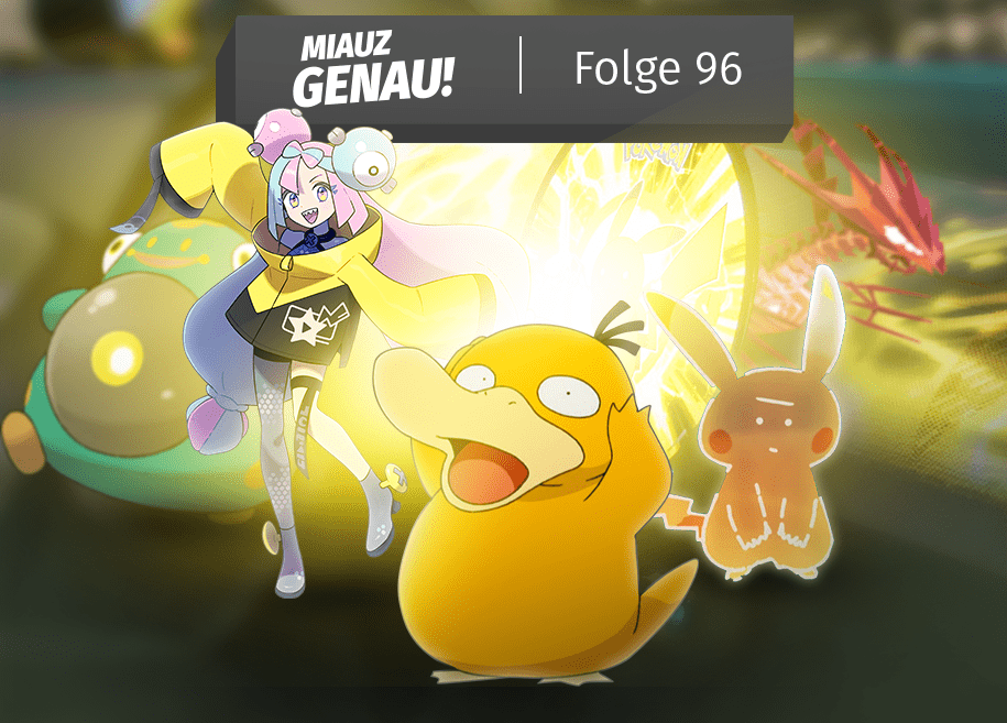 Pokemon Podcast Miauz Genau Folge 96. Enton, Pikachu, ENigmara, Endynalos und Wampitz stehen im gelben Schein des Mini Aceman