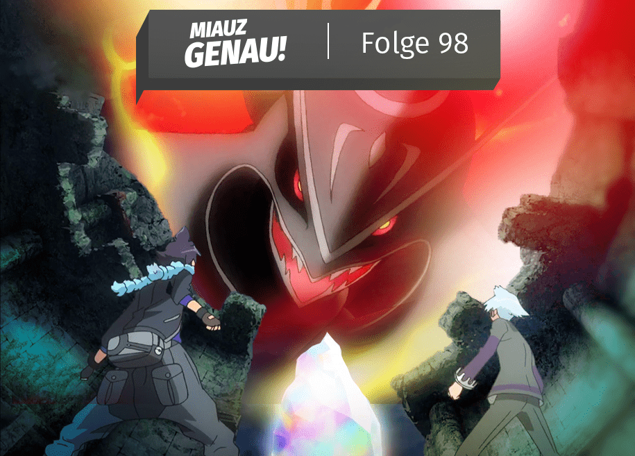 Rayquaza bricht erzürnzt aus der Wolkendecke auf Alain und Troy herab. Besprechung der Mega Evolution Sonderfolge 2 in Miauz Genau, dem deutschen Pokemon Podcast mit LoyalAbsol, aka. Emy