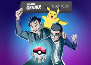 Satoshi Tajiri, Tsunekazu Ishihara von der Pokemon Company stehen vor Lila Hintergrund. Auf ihren Schultern Pikachu. Tajiri hälr Pokeball