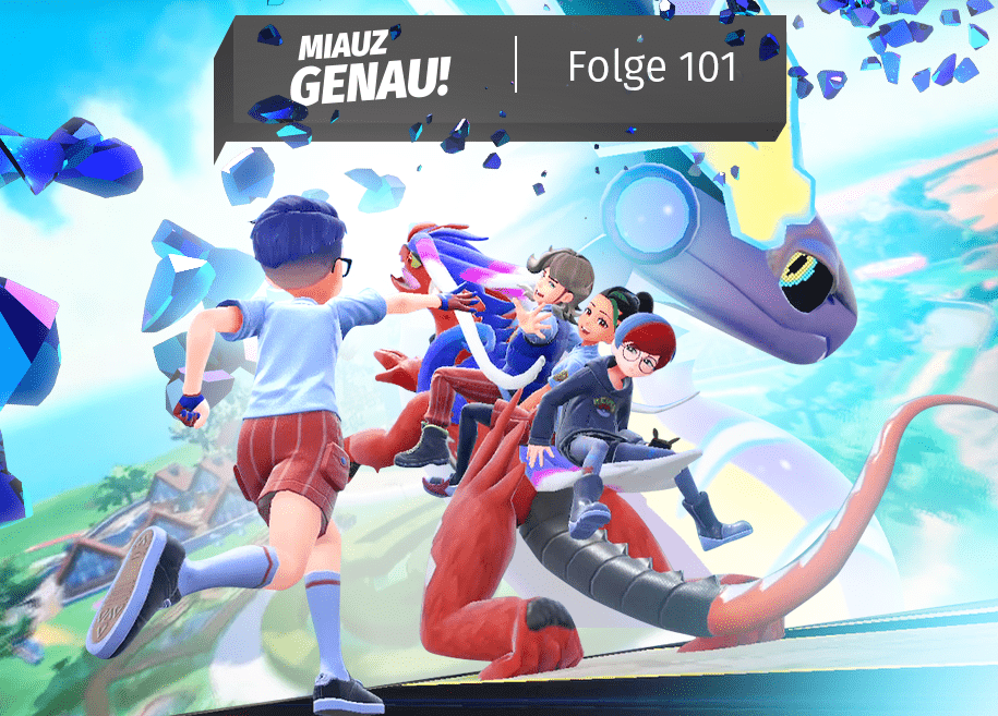 Die Charaktere aus Pokémon, Karmesin und purpur: der Protagonist steht mit ausgestrecktem Arm vor dem Pokémon Miraidon, auf dem Peppa, Nemila und Cosima sitzen. Im Hintergrund sehen wir die Paldea Region und den Kopf vom Pokemon Miraidon. Review Podcast zu den Spielen Pokemon Karmesin und Purpur mit Einspielern von PokeTen, PokeBazi, Viet von den Rocket Beans, Jennybean, Dominique von den Gaming Clerks und vielen mehr!