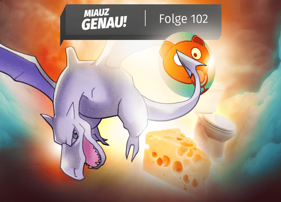 Aerodactyl fliegt vor einem Käse und einer Toilette und dem CraigBot Logo. Outtake Episode von Miauz Genau, dem deutschen Pokemon Podcast
