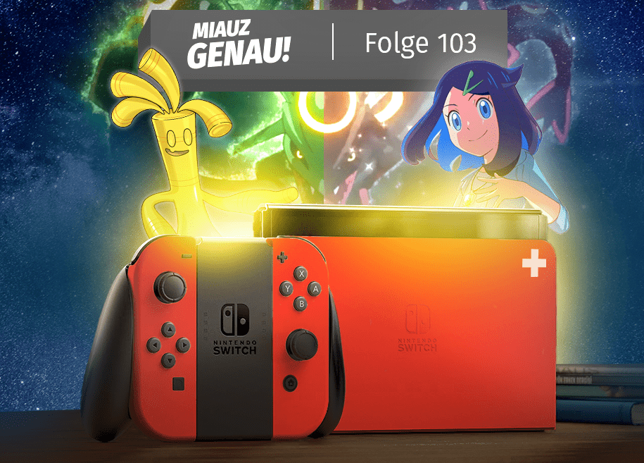 Nintendo Switch in der Schweiz-Edition. Dahinter stehen das Pokémon Monetige, welches die Nummer 1000 hat, und die neue Heldin des neuen Pokemon Anime. Unter diesen beiden Charakteren schwebt das Pokémon Rayquaza im Split Screen - Shiny und non shiny