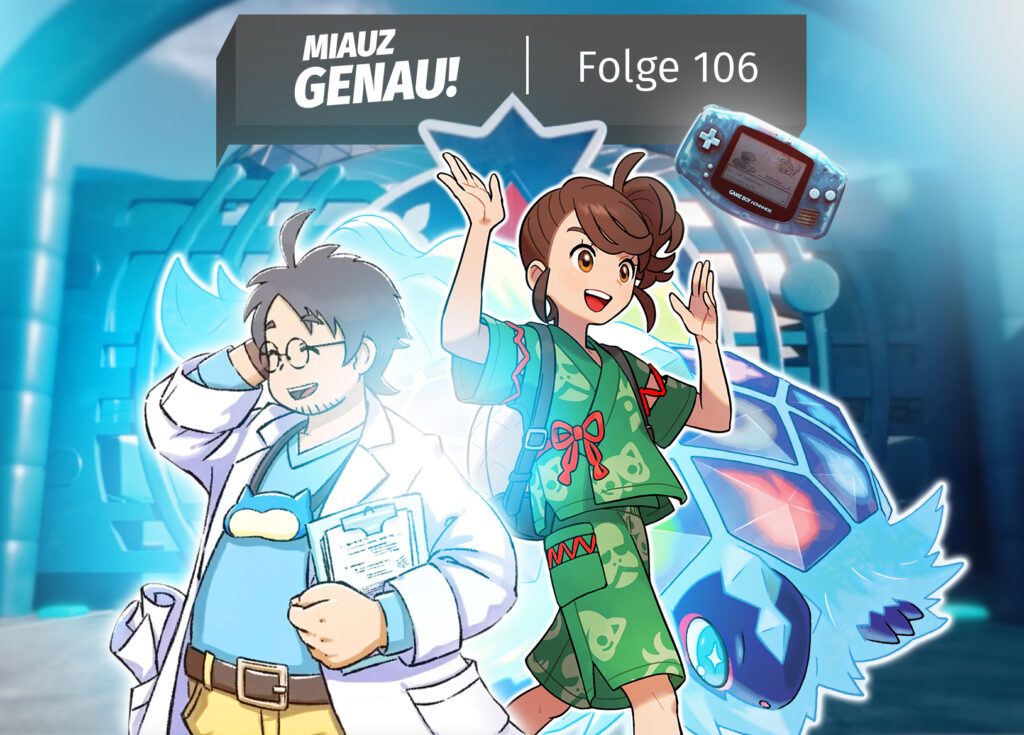 Protagonistin uas Karmesin und Purpur in den Gewänden des neuen DLCs steht mit dem Professor aus Pokémon Sleep und dem neuen legendären Pokémon Terapagos vor der Blaubeer-Akademie. zusätzlich dazuz ein schwebender Gameboy Advance
