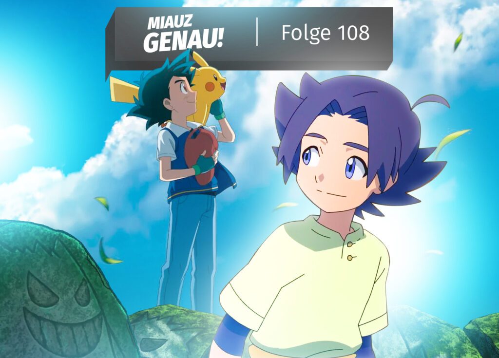 Haruto steht vor Ash und Pikachu, die auf Gengar-Steinen stehen. Review Podcast zur Episode Distant Blue Sky