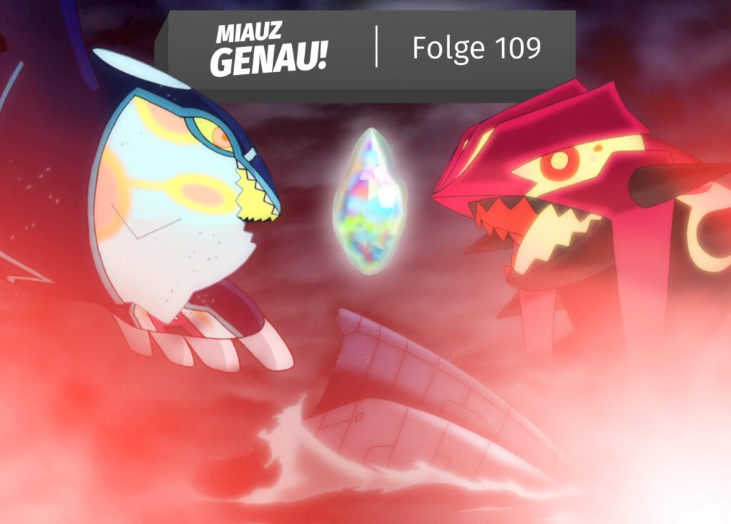 Primal Groudon und Kyogre kämpfen im Mega Evolution Special vom Pokémon Anime um den Gigantostein. Darunter ist das U-Boot von Flordelis zu sehen
