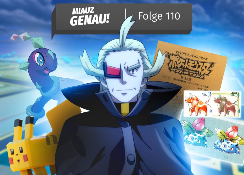Team Plasma Bösewicht steht im Vordergrund, Dahinter abweichende Pokemon Artworks, das Skript der verlorenen Aime Episode "Team Rocket vs Team Plasma" Baby Terapagos und Pokemon QUest Pikachu