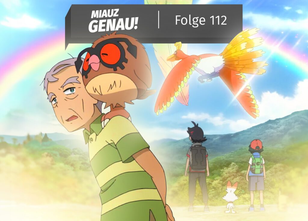 Ash, Goh, Pikachu und Hopplo schauen in den Himmel und sehen Ho-Oh. Im Vordergrund steht Jonah. Pokemon Reisen Folge 9 - Auf der Suche nach einer Legende. Besprechung im Podcast "Miauz Genau! - Der deutsche Pokémon Podcast"