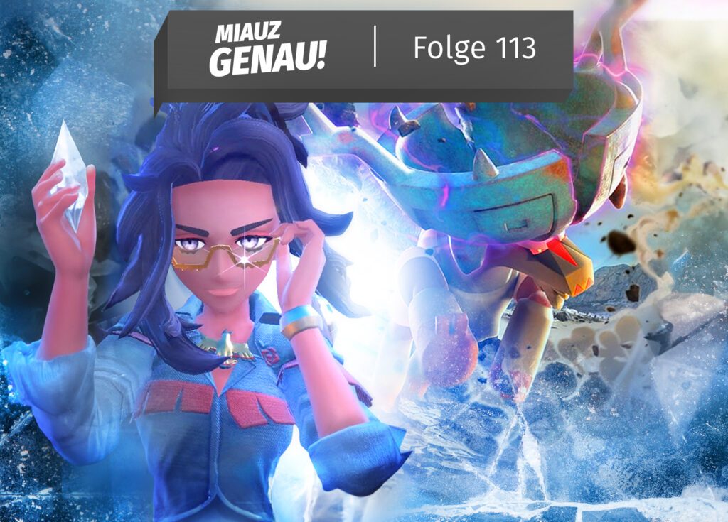Geschichtslehrerin Moira betrachtet einen Terakristall und im Hintergrund ist ein Unheils-Pokemon