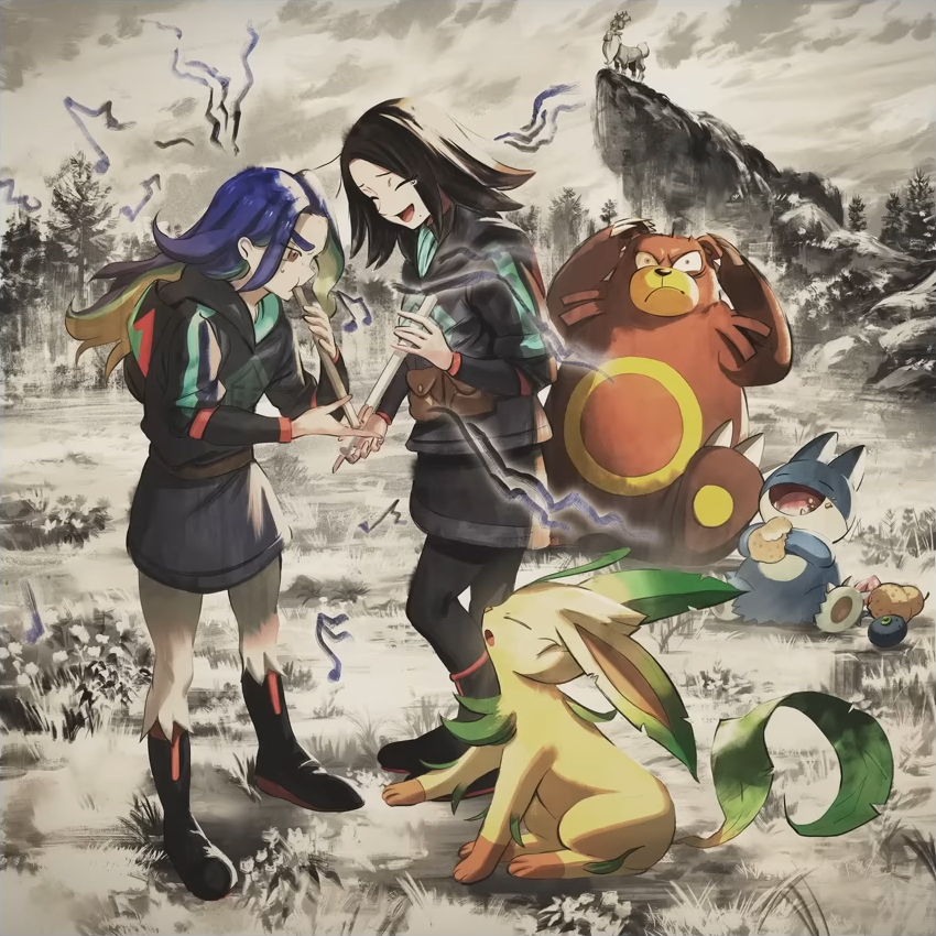 Offizielles Artwork aus den Credits der japanischen Version von Schnee in Hisui, das zeigt, wie Diam zum ersten Mal auf der Flöte spielt. Neben ihm steht Yona, die über seine unbeholfenen ersten Töne lacht. Im Vordergrund genießt ein Folipurba die Musik, während im Hintergrund ein genervtes Ursaring und ein entspanntes Mampfaxo, das genüsslich isst, zu sehen sind. Auf einem Felsen im Hintergrund wacht ein Damythir über die Szenerie. Der stilisierte Mix aus monochromen und farbigen Elementen unterstreicht die nostalgische und harmonische Atmosphäre der Szene.