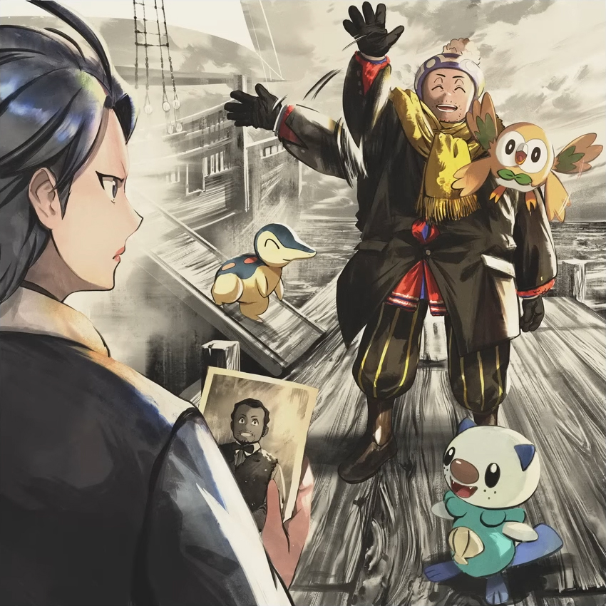 Offizielles Artwork aus den Credits der japanischen Version von Schnee in Hisui, das zeigt, wie Professor Laven mit dem Schiff in Hisui ankommt und die drei Starter-Pokémon Bauz, Feurigel und Ottaro mitbringt. Am Hafen steht Zelestis von der Galaktik-Expedition, die ihn skeptisch betrachtet und ein Foto von ihm in den Händen hält. Der künstlerische Stil mit einer Mischung aus monochromen und farbigen Elementen unterstreicht die historische Atmosphäre der Szene.