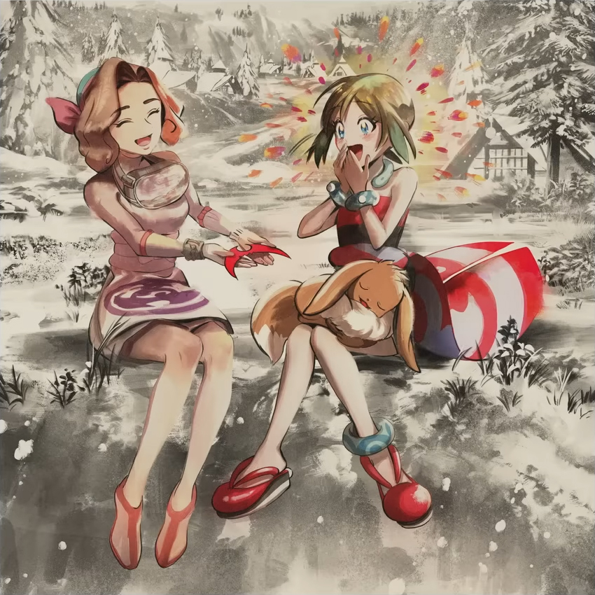 Offizielles Artwork aus den Credits der japanischen Version von Schnee in Hisui, das zeigt, wie Rana ihrer Freundin Perla ihren charakteristischen Haar-Clip schenkt. Perla, die ohne ihren Haarschmuck eine auffällige Ähnlichkeit mit Maike aus Pokémon Rubin, Saphir und Smaragd sowie Omega Rubin und Alpha Saphir hat, reagiert überrascht. Auf ihrem Schoß schläft ein Evoli friedlich. Im Hintergrund ist das Lager des Perl-Clans zu sehen, was die Verbindung zur Hisui-Region und Pokémon-Legenden: Arceus unterstreicht. Der Mix aus monochromen und farbigen Elementen verleiht der Szene eine nostalgische und emotionale Atmosphäre.