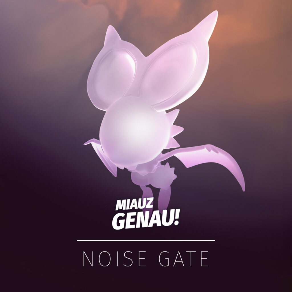 Podcast-Cover für eine Miauz Genau! Noise Gate-Episode mit einem kristallklaren Terakristall-UHaFnir im Mittelpunkt. Die leuchtenden Reflexionen und die sanfte Beleuchtung unterstreichen die mystische und futuristische Ästhetik des Motivs. Das Logo des Pokémon-Podcasts Miauz Genau! ist prominent in der Gestaltung eingebunden.