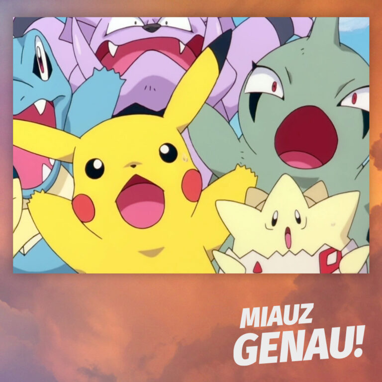 Podcast-Cover von 'Miauz Genau! – Der deutsche Pokémon Podcast' mit Pikachu, Togepi, Larvitar, Karnimani und anderen Pokémon in einer fröhlichen Szene voller Emotionen und Freundschaft aus der klassischen Anime-Serie