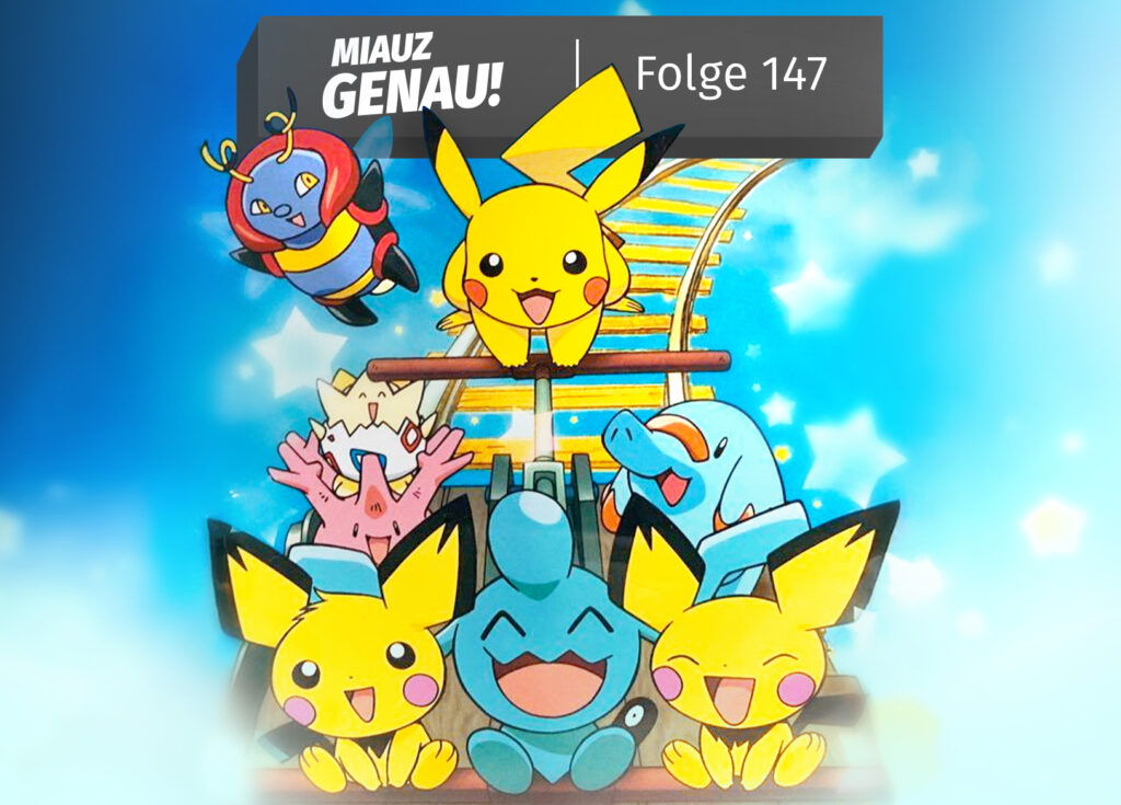 Die Pichu-Brüder, Isso, Corasonn, Togepi, Phanpy, Pikachu und Volbeat aus dem Pokémon-Vorfilm „Camp Pikachu“ fahren auf einem Schienengefährt durch den Himmel.