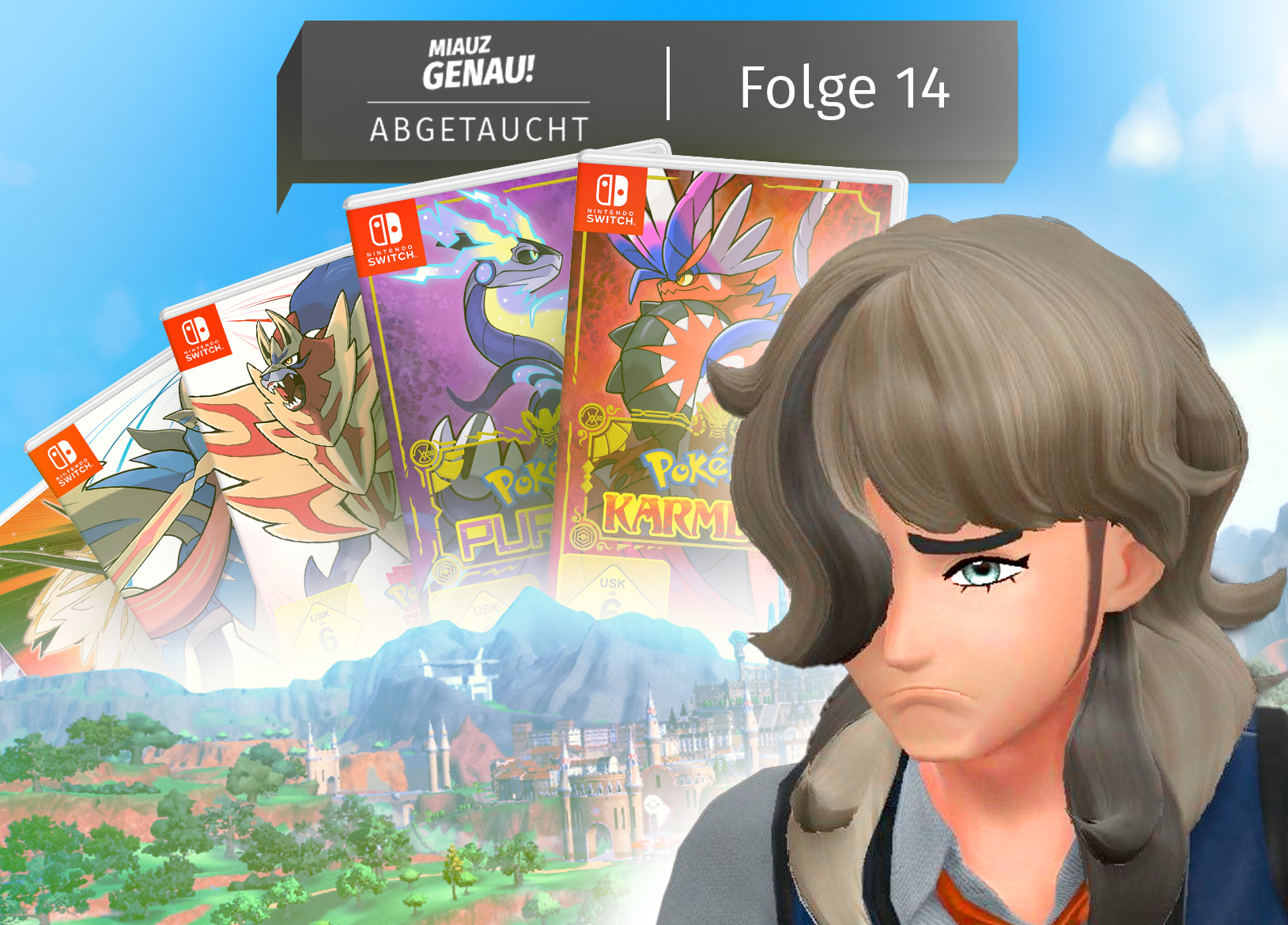 Podcast-Cover von Miauz Genau! Abgetaucht – Folge 14. Im Vordergrund ist Peper aus Pokémon Karmesin & Purpur mit einem unzufriedenen Gesichtsausdruck zu sehen. Im Hintergrund sind die Cover der Nintendo-Switch-Spiele Pokémon Schwert & Schild sowie Pokémon Karmesin & Purpur in einer Collage angeordnet. Darüber das Podcast-Logo mit der Aufschrift „Miauz Genau! Abgetaucht – Folge 14“. Thema der Episode: Warum Pokémon-Spiele an Qualität verlieren.