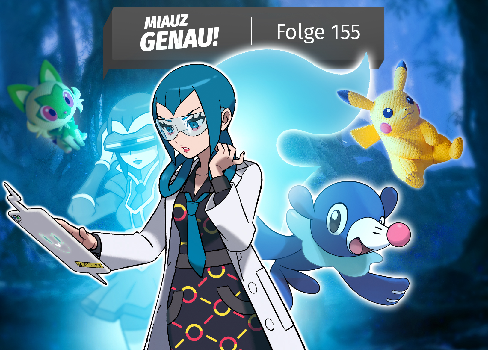 Beitragsbild zur Podcast-Folge von Miauz Genau! mit YouTuberin Leeni: Professor Magnolia aus Pokémon Legenden ZA, vorgestellt in der neuen Pokémon Presents, steht mit Tablet im Vordergrund. Im Hintergrund ihr früheres Ich aus Pokémon X und Y als blauer Schemen vor dem Team-Flare-Logo. Daneben ein gesegnetes Robball und mehrere Pokémon Friends-Plüschfiguren wie Pikachu und Felori. Hintergrund: offizielles Game-Freak-Artwork zu Beast of Reincarnation. Thema der Folge: Highlights und Analysen zur aktuellen Pokémon Presents.