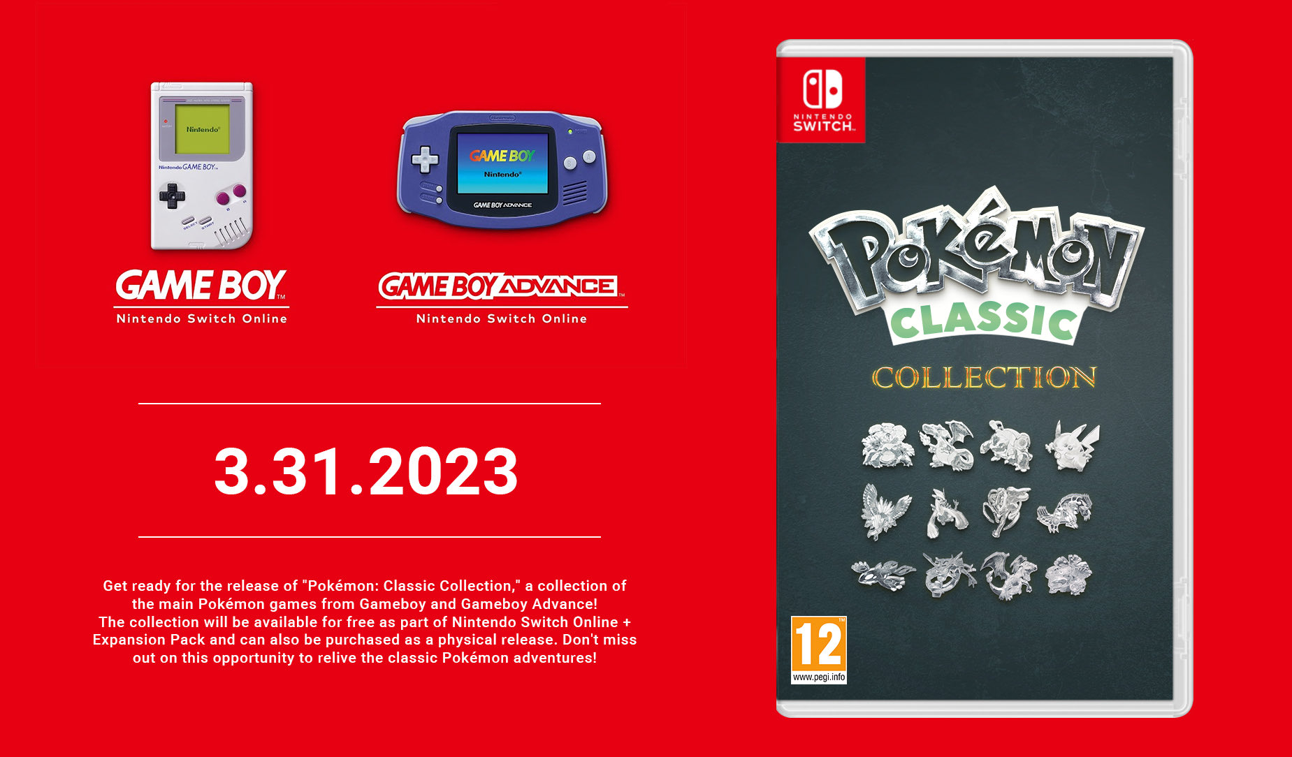 Fan-Mockup von MiauzGenau: rote Promo-Grafik „Pokémon Classic Collection“ für Nintendo Switch mit Spielhülle, Logo, PEGI-12-Badge, silbernen Pokémon-Icons, Game Boy & Game Boy Advance „Nintendo Switch Online“-Logos, großem Datum „3.31.2023“ und Teasertext – keine offizielle Ankündigung, kein Leak.