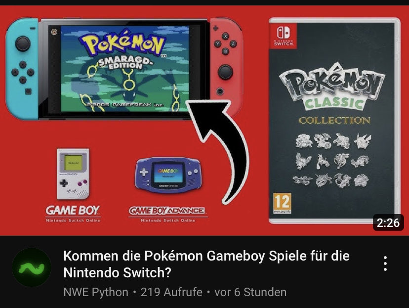 YouTube-Thumbnail zu Nintendo Switch & Game-Boy-Ports: Switch-Bildschirm mit „Pokémon Smaragd-Edition“, dicker Pfeil auf Fake-Cover „Pokémon Classic Collection“; unten Game Boy und Game Boy Advance „Nintendo Switch Online“. Videotitel: „Kommen die Pokémon Gameboy Spiele für die Nintendo Switch?“ – verbreitetes Mock-up/Leak-Gerücht.