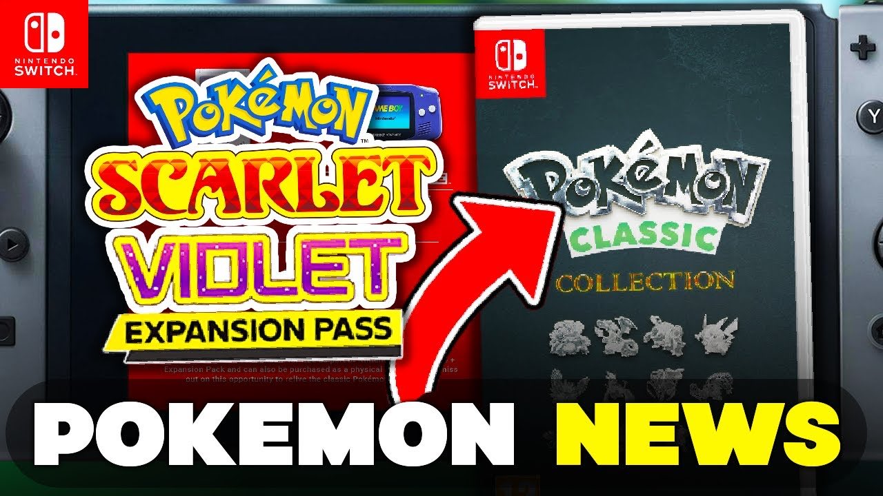 YouTube-Thumbnail „POKEMON NEWS“: links das Logo „Pokémon Scarlet & Violet – Expansion Pass“, großer roter Pfeil zeigt auf die Fake-Verpackung „Pokémon Classic Collection“ rechts. Beispiel für Clickbait rund um angebliche Leaks zur Nintendo-Switch-Veröffentlichung.
