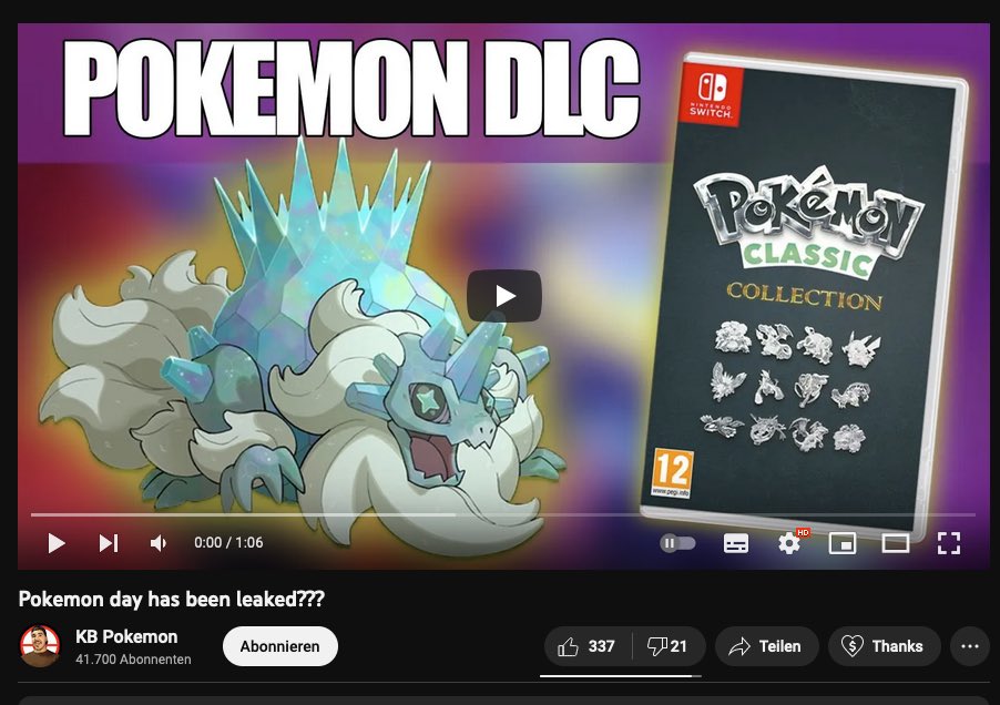 YouTube-Thumbnail mit Schrift „POKEMON DLC“: links ein eisiges Pokémon-Artwork, rechts schräg die Fake-Box „Pokémon Classic Collection“. Videotitel: „Pokemon day has been leaked???“ – nutzt das Mock-up für Leak-Spekulationen zum Pokémon Day.