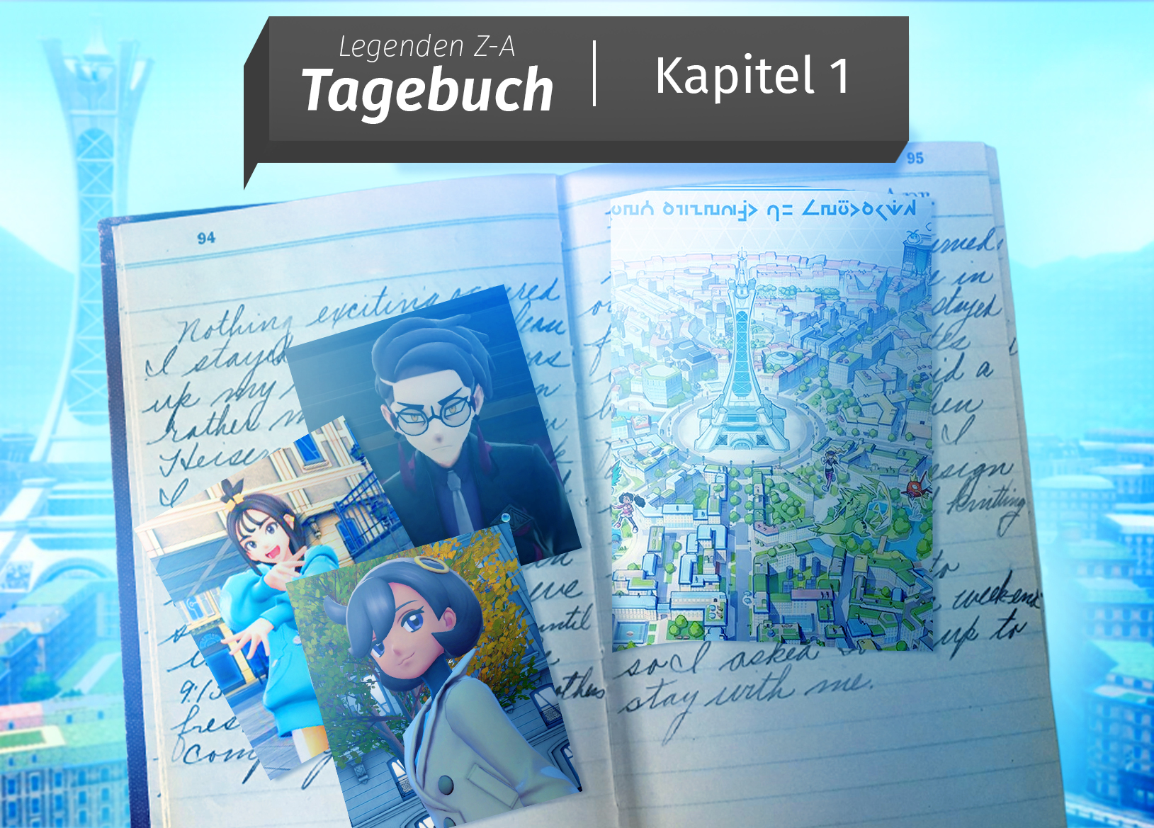 Coverbild des ‚Miauz Genau!‘ Tagebuch-Podcast-Specials zu Pokémon Legenden Z-A (Kapitel 1): geöffnetes Tagebuch mit Karte von Illumina City sowie Fotos der Charaktere Ravan (Corrosio-Clan), Duro (Team MZ) und Detektivin Matière.