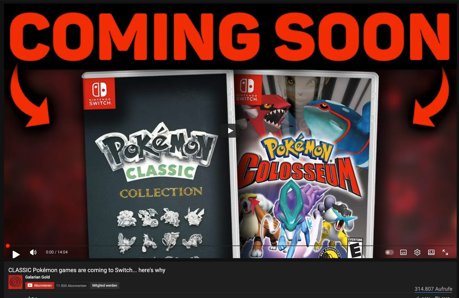 YouTube-Thumbnail mit großem Text „COMING SOON“ und Pfeilen auf zwei Switch-Cover: links „Pokémon Classic Collection“ (Mock-up), rechts „Pokémon Colosseum“. Motiv für Video „Classic Pokémon games are coming to Switch… here’s why“ – Rumor/Leak-Diskussion.