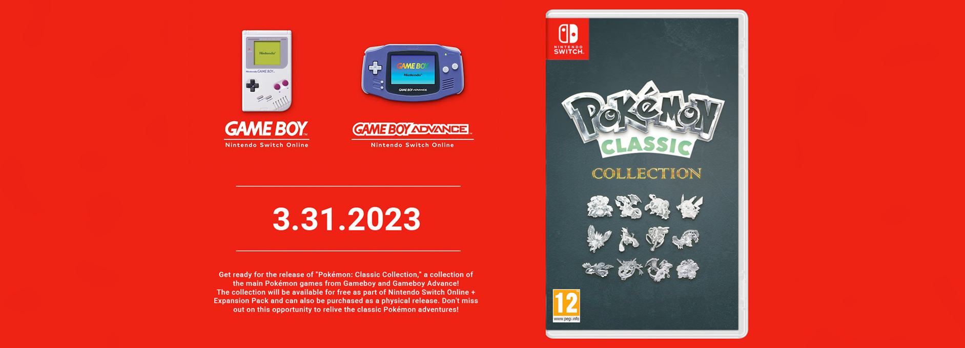 Fan-Mockup von MiauzGenau: rote Promo-Grafik „Pokémon Classic Collection“ für Nintendo Switch mit Spielhülle, Logo, PEGI-12-Badge, silbernen Pokémon-Icons, Game Boy & Game Boy Advance „Nintendo Switch Online“-Logos, großem Datum „3.31.2023“ und Teasertext – keine offizielle Ankündigung, kein Leak.