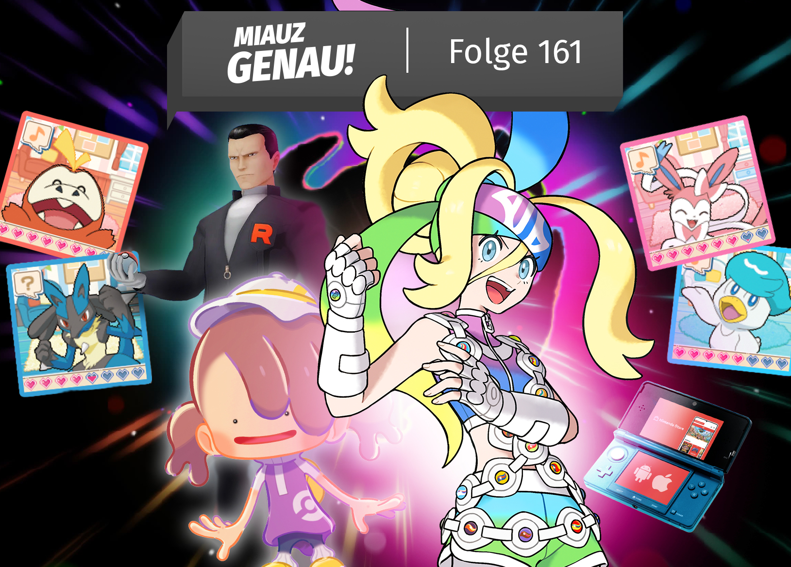 Titelbild zu „Miauz Genau!“-Podcast Folge 161 mit Connie aus dem DLC zu Pokémon Legenden ZA im Vordergrund, dahinter der Ditto-Hauptcharakter aus dem neuen Pokopia für Nintendo Switch 2 und Giovanni aus Pokémon GO; um sie herum Screenshots aus dem neuen Pokémon Tamagotchi, ein Hoopa-Portal als Hintergrund, ein Nintendo 3DS mit eShop-, Apple- und Android-Icon. Co-Host ist Anca von der Grugaliga (Grugapark Pokéliga).