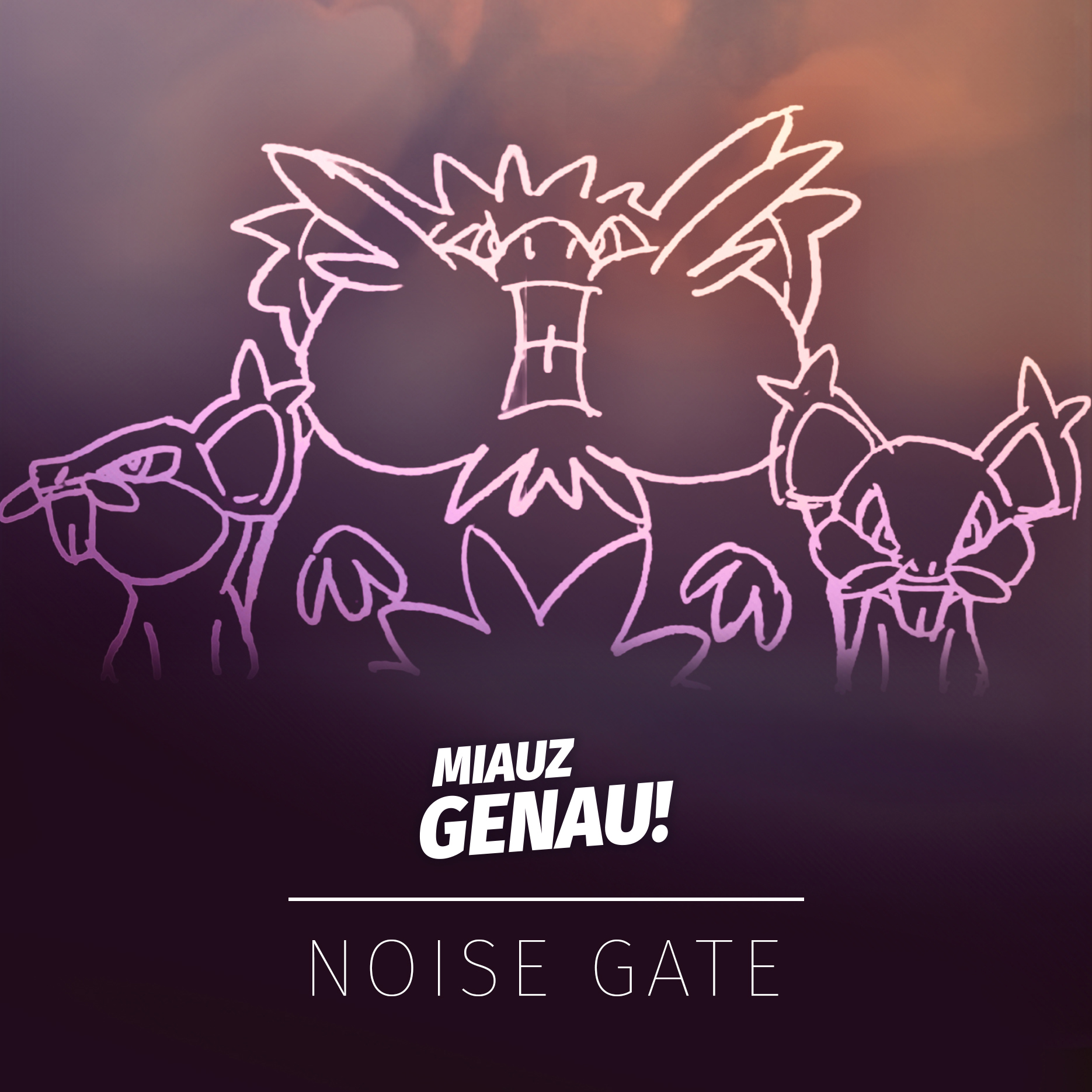 Podcast-Cover „Miauz Genau! – Noise Gate“: lila Umrisszeichnung der Pokémon Alola-Rattikarl (zentral) und zwei Alola-Rattfratz vor unscharfem, warmen Hintergrund.