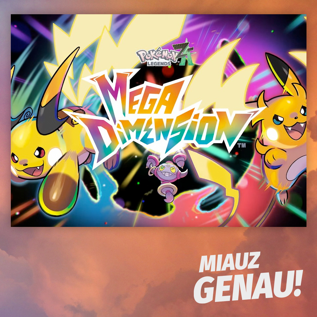 Pokémon Legenden: ZA – Mega Dimension DLC Artwork: Mega Raichu X und Mega Raichu Y mit Blitzen, Hoopa im Hintergrund, Miauz Genau! Pokémon-Podcast Thumbnail.