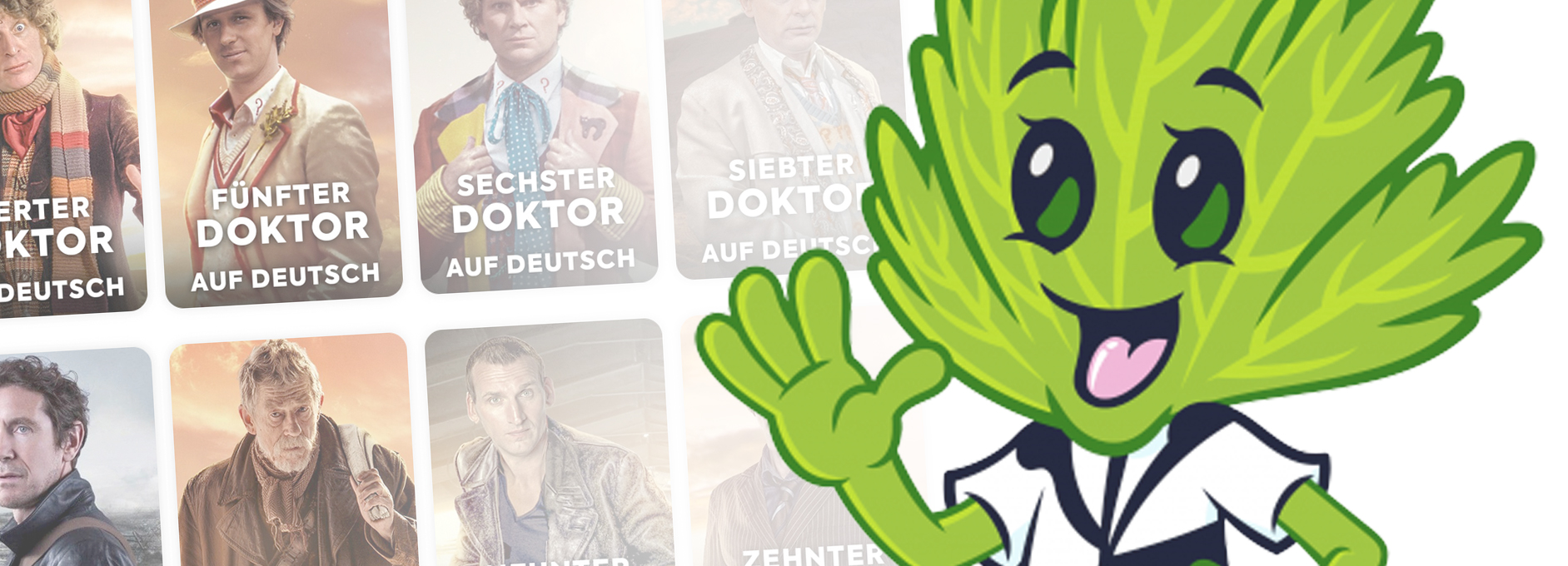 Doctor Who Komplett Maskottchen Larry (Sellerie) neben einer Doktoren-Galerie – Vorschau auf den Guide zur chronologischen Übersicht deutscher Doctor Who Releases
