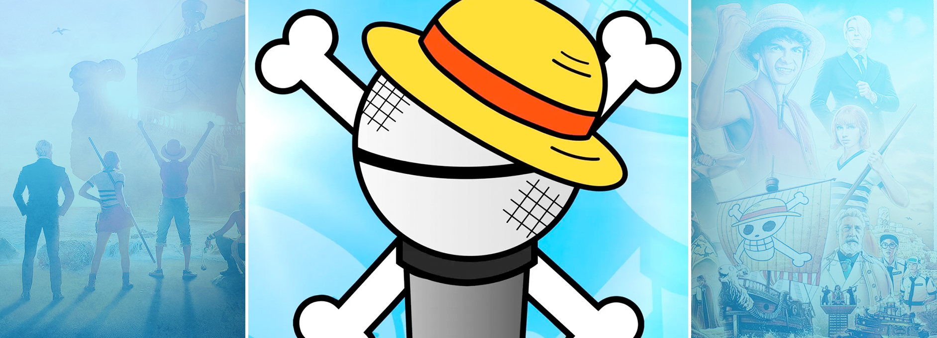 Podcast Piratenbande: Logo mit Piratenkopf und Strohhut vor blauem Hintergrund, One Piece Podcast zur Netflix Live-Action-Serie