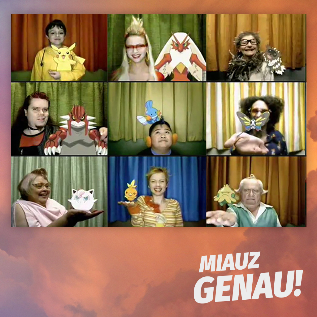 „Miauz Genau! Podcast – Folge 166 ‚Hoenn steht dir gut‘: Collage aus neun Menschen, die Hoenn-Pokémon aus dem Pokémon Rubin & Saphir-Werbespot (2003) nachstellen; ‚MIAUZ GENAU!‘-Schriftzug unten rechts.“