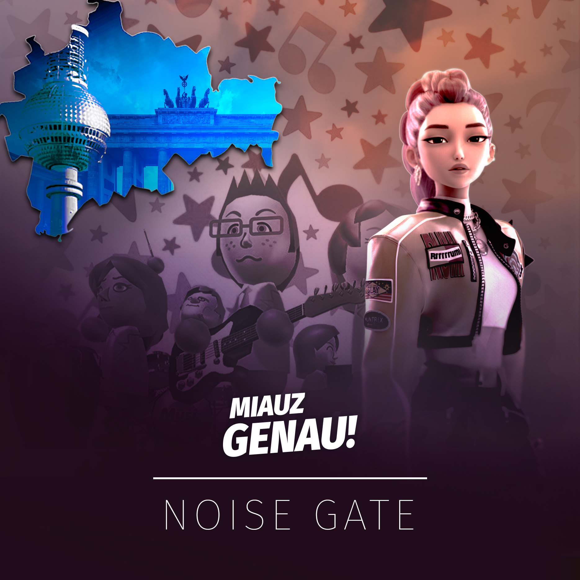 Podcast-Cover von Miauz Genau Noise Gate zur Folge „Zwischenfunk: Von Nintendo bis Berlin“ mit Berlin-Silhouette, Wii-Music-Miis im Hintergrund und der Hauptfigur aus KPop Demon Hunters.