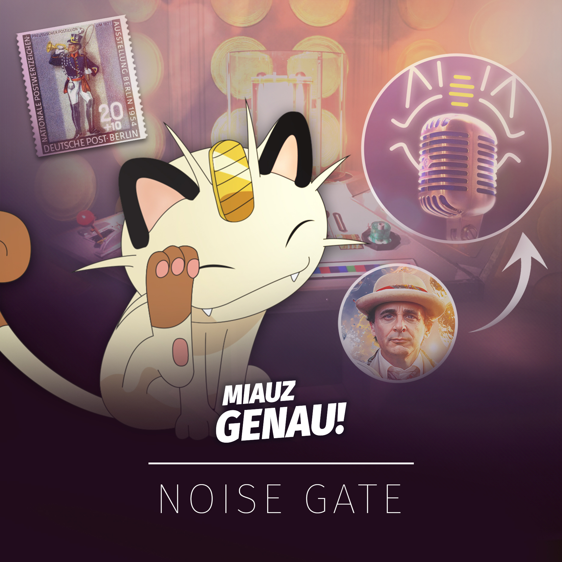 Podcast-Cover von Miauz Genau Noise Gate mit Mauzi vor der klassischen TARDIS-Konsole aus Doctor Who, dem Miauz-Genau-Logo, Sylvester McCoy als siebtem Doctor und einer Briefmarke in Anlehnung an Johann Gottlieb Seiler.