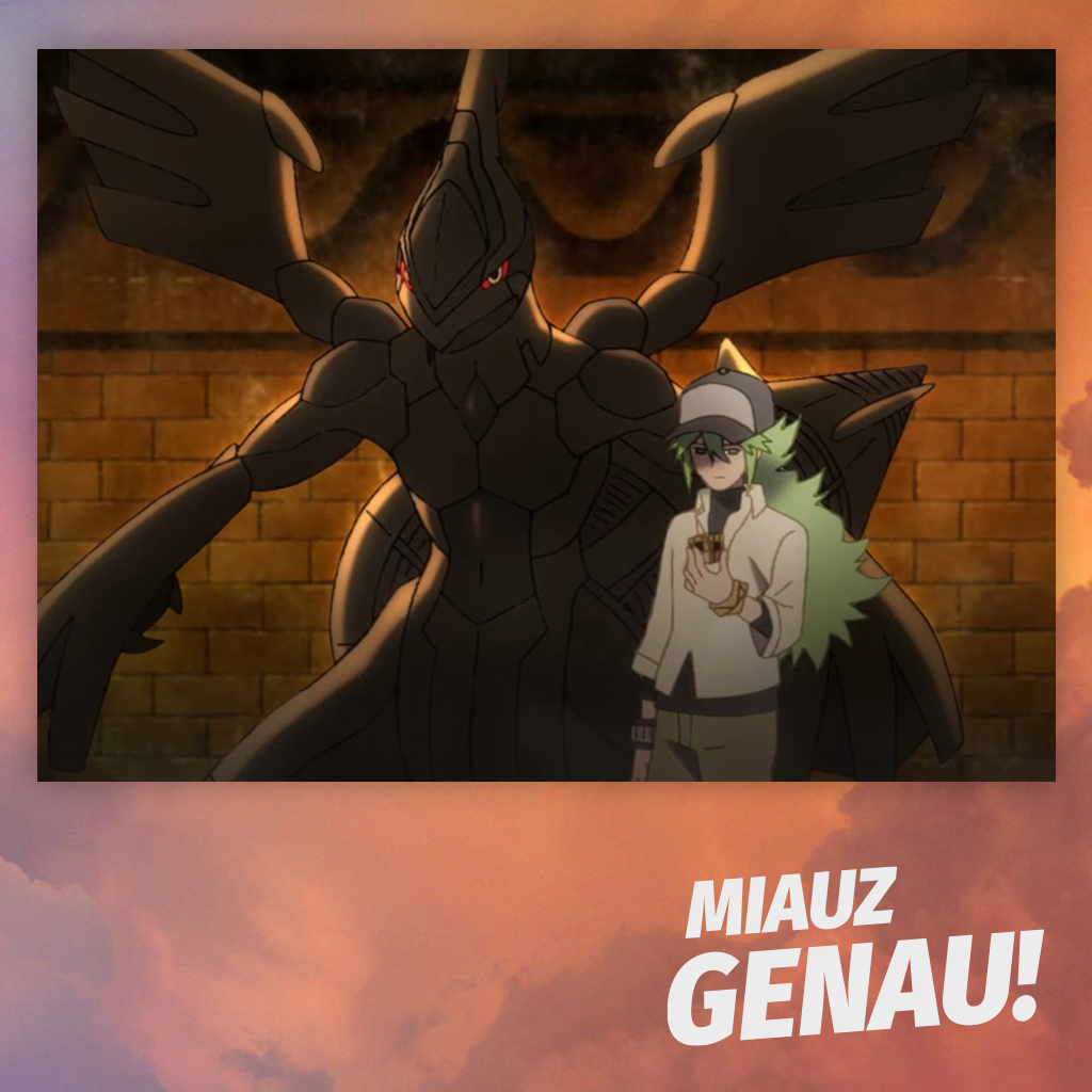 N aus Pokémon Schwarz und Weiß steht vor dem legendären Pokémon Zekrom, das als riesige dunkle Drachenfigur mit roten Augen im Hintergrund erscheint. In seiner Hand hält N einen mysteriösen kleinen Würfel beziehungsweise Stein, der auf den Dunkelstein und Zekroms Erwachen verweist. Das Bild zeigt eine dramatische Szene aus der Einall-Region mit düsterer Atmosphäre, warmem Licht, Schlossmauer und dem „Miauz Genau!“-Logo im unteren rechten Bereich.