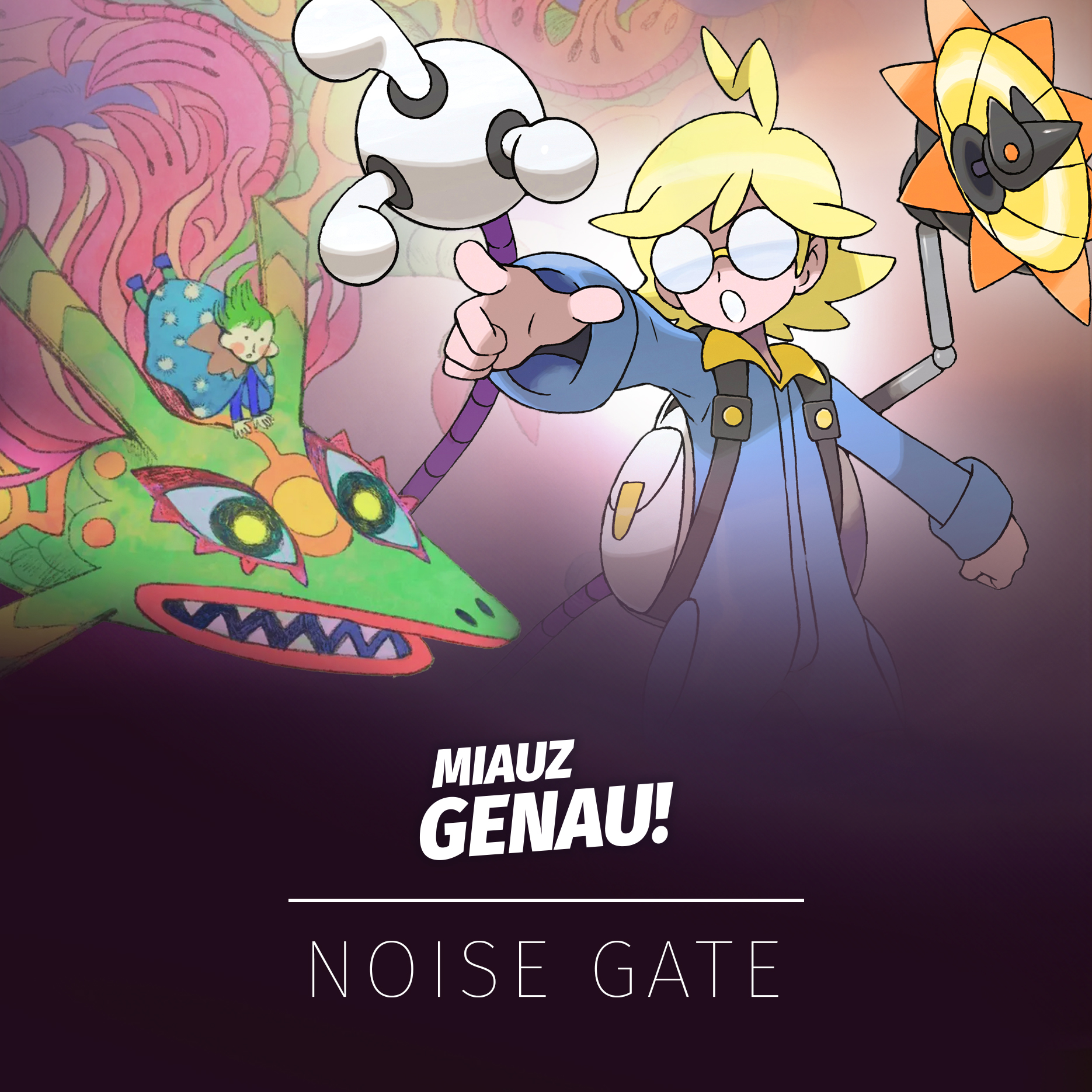 Titelbild zur Podcast-Folge „Eine Stadt voller Referenzen“ [MGN #013] von Miauz Genau! / Noise Gate über Pokémon Legenden: Z-A, Illumina City und die vielen Referenzen im Spiel: zu sehen sind eine historische Rayquaza-Abbildung und Arenaleiter Citro aus der Arena von Illumina City.